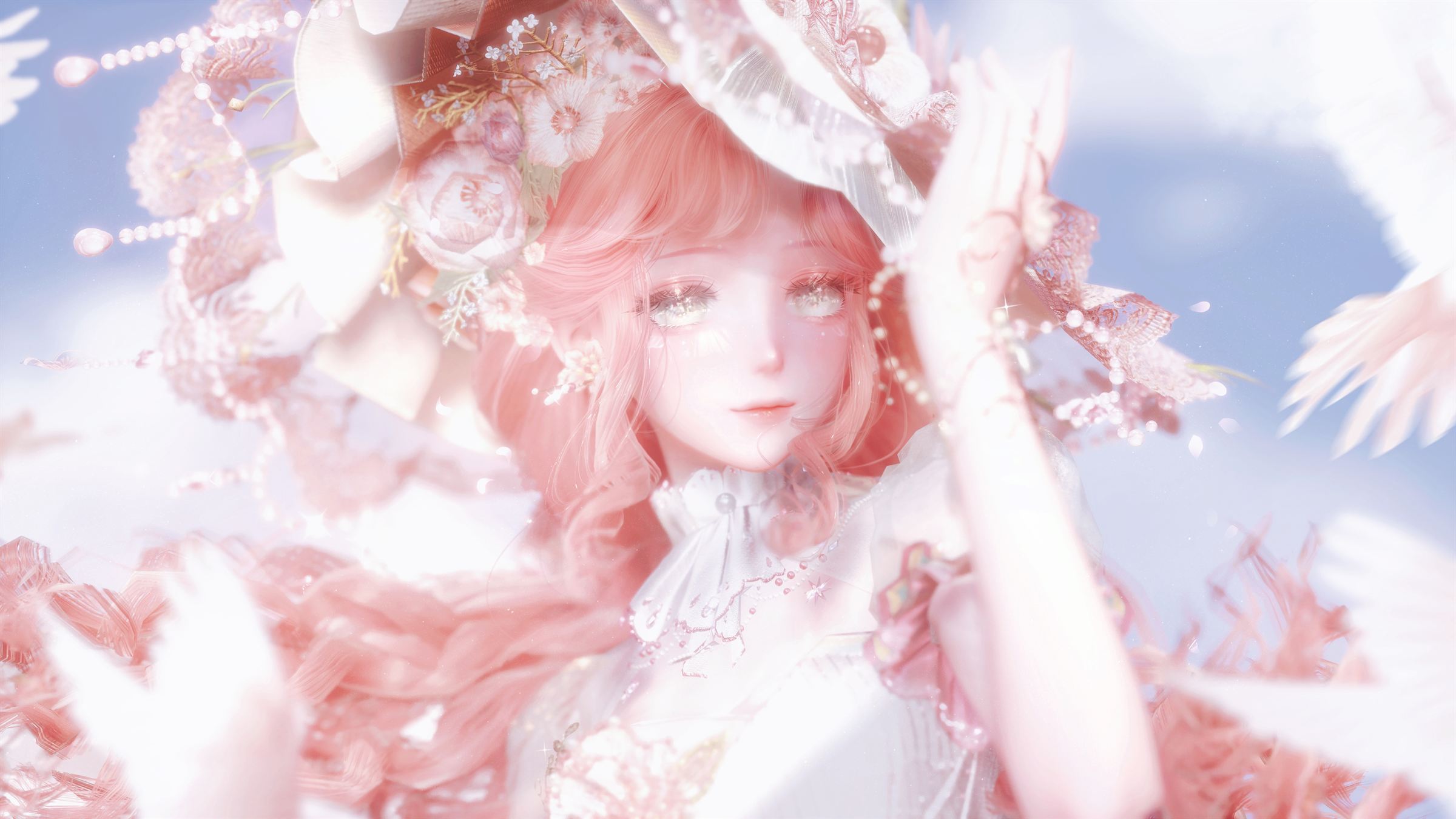 《无限暖暖》原画：戴花帽的粉发少女与白鸽